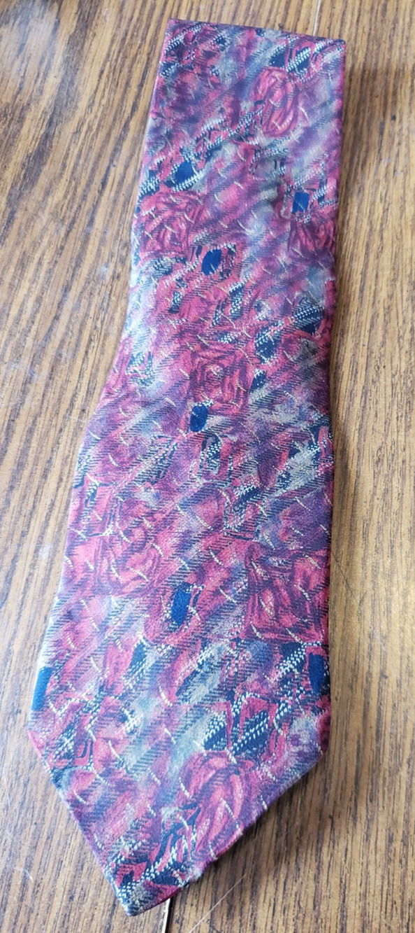 J. Ferrar Red and Blue Floral Striped Silk Neck Tie
